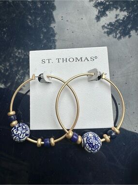 St. Thomas Gold Hoop Earrings with Blue Ceramic Beads